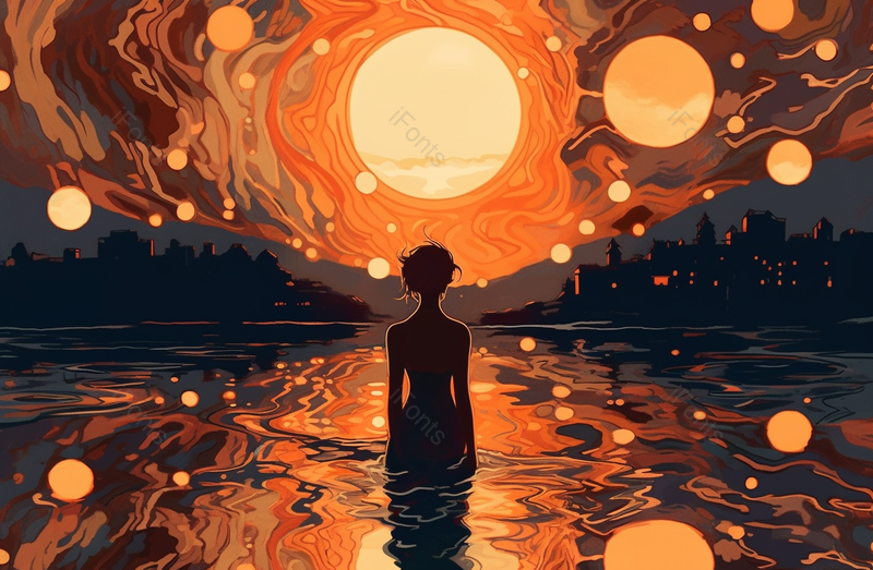 红色的夜晚背景一个人站在水里望着圆月从水面升起在城市建筑上方抽象手绘插画,插画/手绘图,插画/手绘图库,插画/手绘图下载,插画/手绘